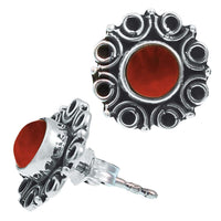 Cargar imagen en el visor de la galería, Ohrstecker orange Stein Karneol rund, silber Rand Blume Kreise Ohrringe 925er Sterlingsilber - chic-net.de
