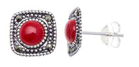 Cargar imagen en el visor de la galería, Ohrstecker rot eckig runder Stein silber Rand 8 mm silber Steine eingefasst 925er Sterlingsilber - chic-net.de
