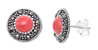 Cargar imagen en el visor de la galería, Ohrstecker, rot, rund, silber Rand 8 mm Ø, silber Steine eingefasst, 925er Sterlingsilber - chic-net.de
