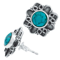 Cargar imagen en el visor de la galería, Ohrstecker Türkis rund, silber Rand Blume verschnörkelt Herz Ohrringe 925er Sterlingsilber - chic-net.de
