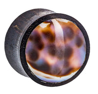 Cargar imagen en el visor de la galería, Organic Arangholz Plug Black Dots Shell Inlay weiß dunkel Tribal - chic-net.de
