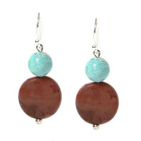 Load image into Gallery viewer, Perlenohrringe,mit flacher brauner Naturstein Perle und Türkisperle, 925er Sterlingsilber-Bügel, 22 mm lang - chic-net.de
