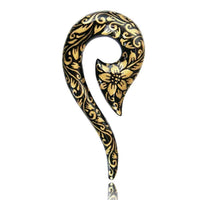 Cargar imagen en el visor de la galería, Piercing Holz Beil Fragezeichen Plug schwarz gold Blumen Ohrstecker Expander handbemalt - chic-net.de
