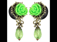 Cargar imagen en el visor de la galería, Plug Acryl Brass Rose Glastropfen grün Schleife Lilienrand golden Anhänger Piercing - chic-net.de
