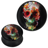 Cargar imagen en el visor de la galería, Plug Acryl bunter Totenkopf Blumen Blätter Schmetterling schwarz Piercing - chic-net.de

