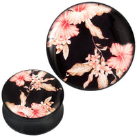 Load image into Gallery viewer, Plug Acryl rosa grau beige Hibiscus Blüten schwarz Piercing Ohrschmuck - chic-net.de
