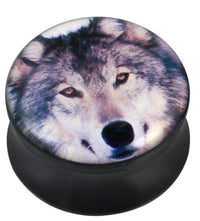 Load image into Gallery viewer, Plug Acryl weiß grauer Wolf Kopf schwarz Piercing Ohrschmuck - chic-net.de
