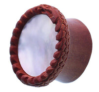 Load image into Gallery viewer, Plug braun Holz gemasert rund Schlange Muster Rand Muschel Inlay Perlmutt Piercing - chic-net.de
