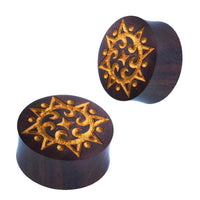 Load image into Gallery viewer, Plug Holz dunkelbraun Lasergravur gold Punkte Spiralen Sonne - chic-net.de
