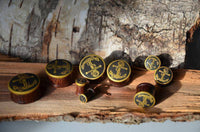 Load image into Gallery viewer, Plug Holz Tamarinde dunkelbraun Anker Seil Brass Überzug golden Rand Piercing - chic-net.de
