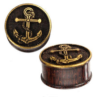 Load image into Gallery viewer, Plug Holz Tamarinde dunkelbraun Anker Seil Brass Überzug golden Rand Piercing - chic-net.de
