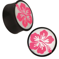 Load image into Gallery viewer, Plug Horn neon pink weiße Gravur Hawaii Blume handgeschnitzt schwarz Piercing - chic-net.de
