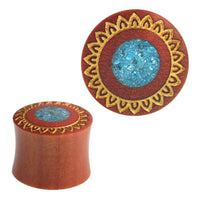 Load image into Gallery viewer, Plug Sawoholz crushed Türkis Stein Inlay Blume golden double flared Handarbeit - chic-net.de
