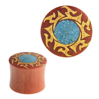 Load image into Gallery viewer, Plug Sawoholz golden Flammen crushed Türkis Stein Inlay double flared Handarbeit - chic-net.de
