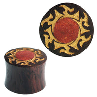 Load image into Gallery viewer, Plug Sonoholz golden Flammen crushed roter Stein Inlay double flared Handarbeit - chic-net.de
