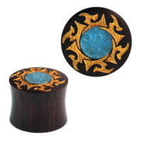 Cargar imagen en el visor de la galería, Plug Sonoholz golden Flammen crushed Türkis Stein Inlay double flared Handarbeit - chic-net.de
