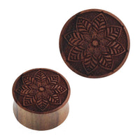 Cargar imagen en el visor de la galería, Plug Teakholz Blume aus Blättern handgeschnitzt double flared braun - chic-net.de
