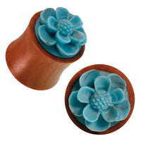 Load image into Gallery viewer, Rosenholz Plug rotbraun Türkis Inlay Blume plastisch Tunnel Tribal Expander Organic - chic-net.de
