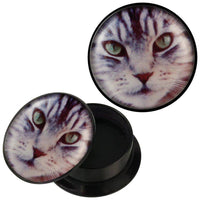 Load image into Gallery viewer, Schraub Plug Acryl grau getigerte Katze Gesicht Piercing Ohrschmuck - chic-net.de
