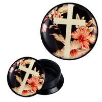 Load image into Gallery viewer, Schraub Plug Acryl rosa beige weiß Kreuz vor Blumen schwarz Piercing Ohrschmuck - chic-net.de
