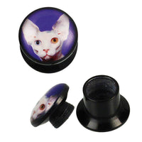 Load image into Gallery viewer, Schraub Plug Acryl Sphynx Katze weiß lila Piercing Ohrschmuck - chic-net.de
