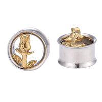 Load image into Gallery viewer, Schraubplug Chirurgenstahl Tunnel Plug Edelstahl dünn silbern goldene Rose Stiel und Blätter - chic-net.de
