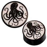 Cargar imagen en el visor de la galería, Schwarz Horn Plug glänzend weißes Bone Inlay Tintenfisch Oktopus Tribal Expander - chic-net.de
