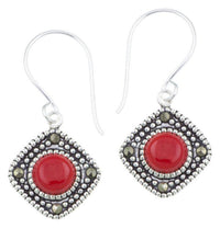 Cargar imagen en el visor de la galería, Silberohrringe Karo 12 mm Koralle Silberrrand Glitzer 925 Sterlingsilber Ohrringe - chic-net.de
