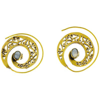 Cargar imagen en el visor de la galería, Spiralen Ohrringe breit gestanzt Mondstein oval Messing antik golden nickelfrei Piercing Tribal - chic-net.de
