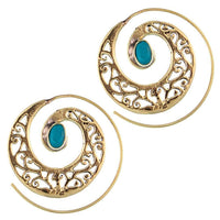 Cargar imagen en el visor de la galería, Spiralen Ohrringe breit gestanzt Türkis oval Messing antik golden nickelfrei Piercing Tribal - chic-net.de
