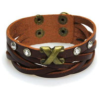 Cargar imagen en el visor de la galería, Surfer Lederarmband geflochten braun Brass X Kristalle weiß verstellbar Leder breit nickelfrei - chic-net.de
