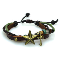 Cargar imagen en el visor de la galería, Surfer Lederarmband Stern Kreuz braun grün Band Brass Holz geflochten verstellbar Leder Perlen - chic-net.de
