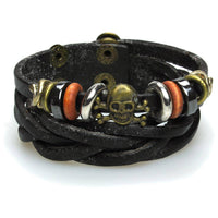 Cargar imagen en el visor de la galería, Surfer Lederarmband Totenkopf Ringe geflochten Brass schwarz verstellbar Leder breit nickelfrei - chic-net.de

