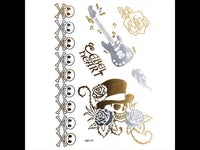 Cargar imagen en el visor de la galería, Tattoo Motivbogen golden silbern temporär Gitarre Totenkopf Rosen Klebetattoos Schmuck Tattoos - chic-net.de
