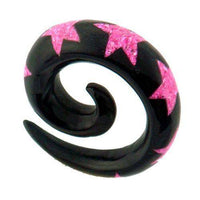 Load image into Gallery viewer, Tribal Buffalo Horn Piercing Expander, schwarze Spirale mit pinkfarbenen Sternen, 8mm,  Plug, Tunnel, Ohrring, Ohrhänger, Ohrstecker - chic-net.de
