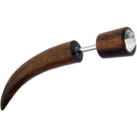 Load image into Gallery viewer, Tribal Fake Piercing braun leicht gebogen Spike weiß Kristall handgeschnitzt Sonoholz Edelstahl 1 mm - chic-net.de
