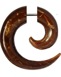 Load image into Gallery viewer, Tribal Fake Piercing Holz Spirale Unisex handgeschnitzt Kokosholz Edelstahlbügel Organic dunkelbraun - chic-net.de
