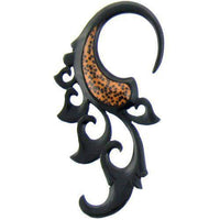 Cargar imagen en el visor de la galería, Tribal Holz Piercing Expander 6 mm schwarz Hookspirale Eizenholz braun gepunktet Kokosholzinlay - chic-net.de
