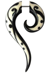 Cargar imagen en el visor de la galería, Tribal Horn Fake Piercing schwarz Spirale weiß Tattoo Muster langgezogen Spitze Buffalo 6mm - chic-net.de
