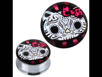 Load image into Gallery viewer, Tunnel silbern Edelstahl Plug Acryl Sugar Skull Katze Schleife pink Piercing - chic-net.de
