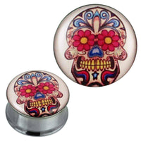Load image into Gallery viewer, Tunnel silbern Edelstahl Plug Acryl Sugar Skull pink blau weiß Piercing - chic-net.de
