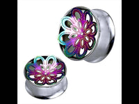 Load image into Gallery viewer, Tunnel silbern Edelstahl Plug Blume zweilagig Regenbogen-farben Piercing - chic-net.de
