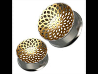 Load image into Gallery viewer, Tunnel silbern Edelstahl Plug golden Dalie Blume Piercing - chic-net.de
