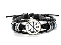 Load image into Gallery viewer, Viking Kompass Leder Armband schwarz silber verstellbar.
