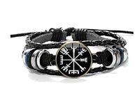 Load image into Gallery viewer, Viking Kompass Leder Armband schwarz silber verstellbar.
