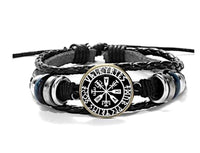 Load image into Gallery viewer, Viking Kompass Leder Armband schwarz silber verstellbar.
