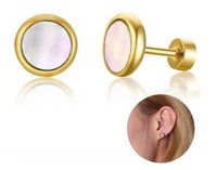 Load image into Gallery viewer, Ohrstecker Edelstahl Emaille Perlmutt Türkis Gold PVD
