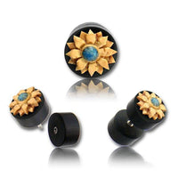 Load image into Gallery viewer, Fake Holz Piercing Arangholz Kokosnuss Türkis Blume schwarz hell Edelstahl Ohrstecker Organic Tribal - chic - net.de
