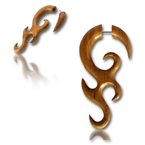 Fake Holz Piercing verschnörkelt Spirale lang Teakholz nickelfrei Edelstahl Ohrstecker Organic - chic - net.de