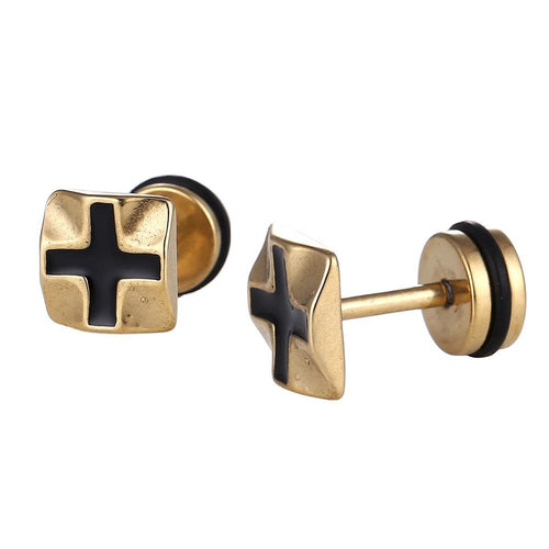 Fake Piercing Expander goldfarben schwarzes Kreuz im Quadrat Schaubverschluss Edelstahl - chic - net.de